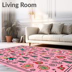 Pink Whimsical Christmas Characters and Trees Rug