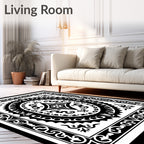 Ornate Black White Medallion Border Rug