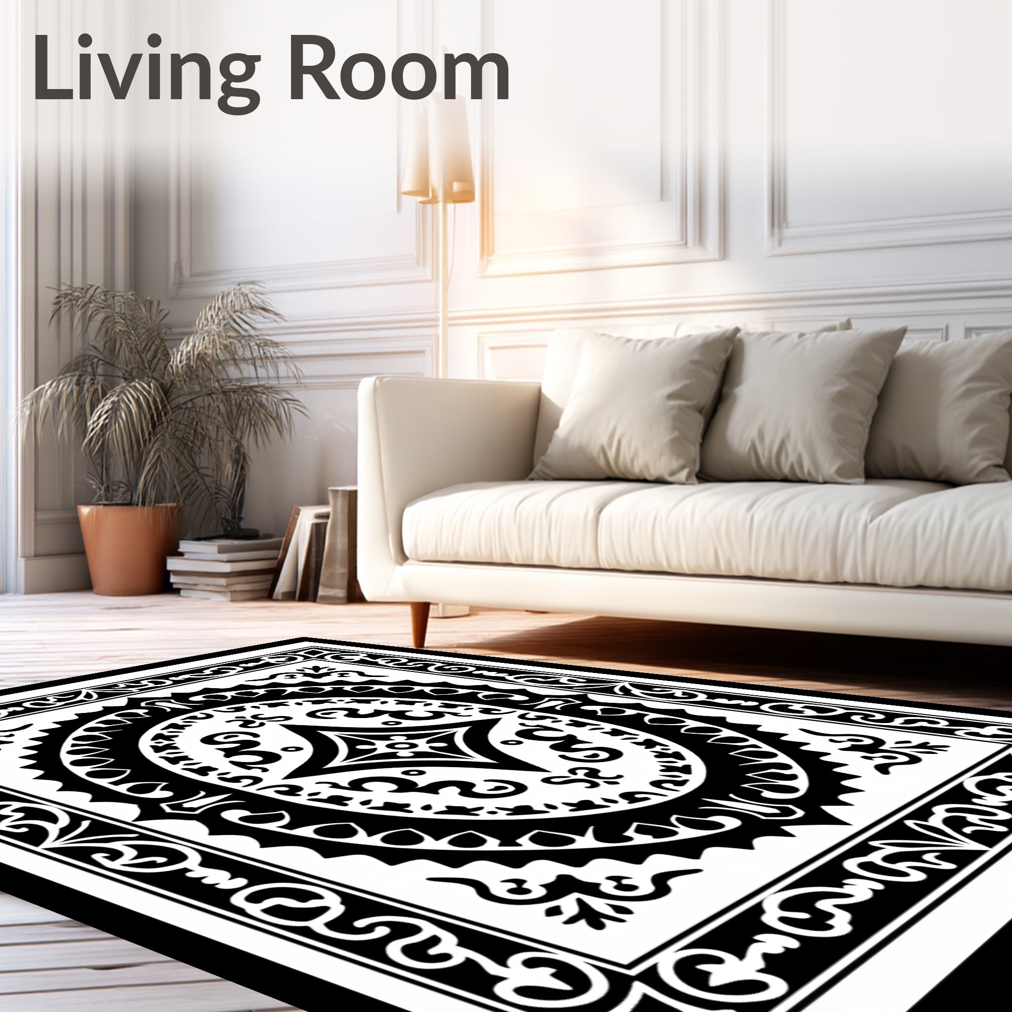 Ornate Black White Medallion Border Rug