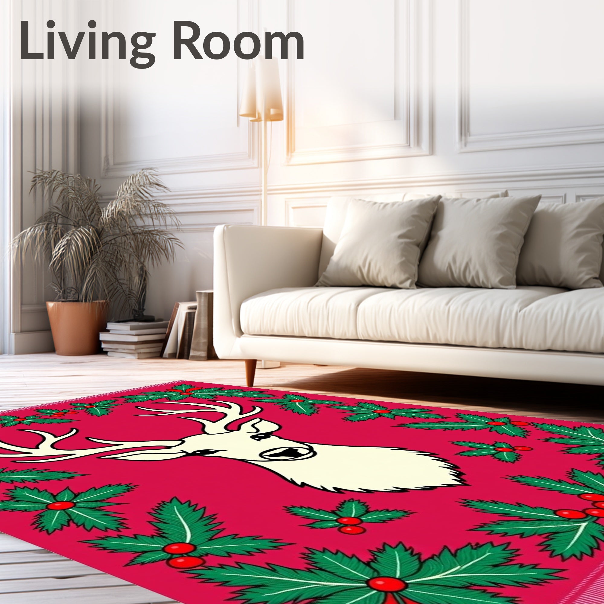 Crimson Reindeer Holly Border Rug