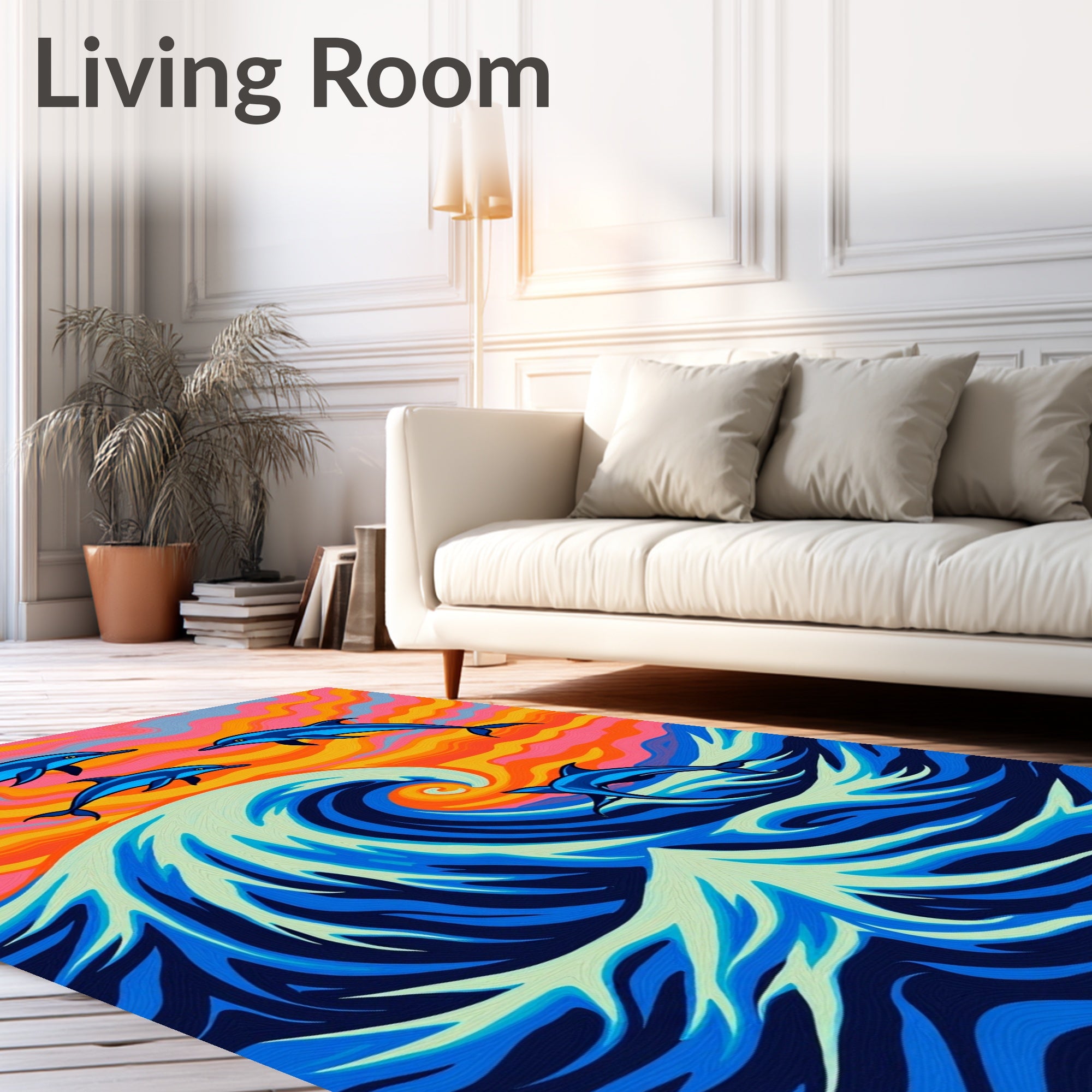 Vibrant Blue Dolphins Ocean Sunset Waves Rug