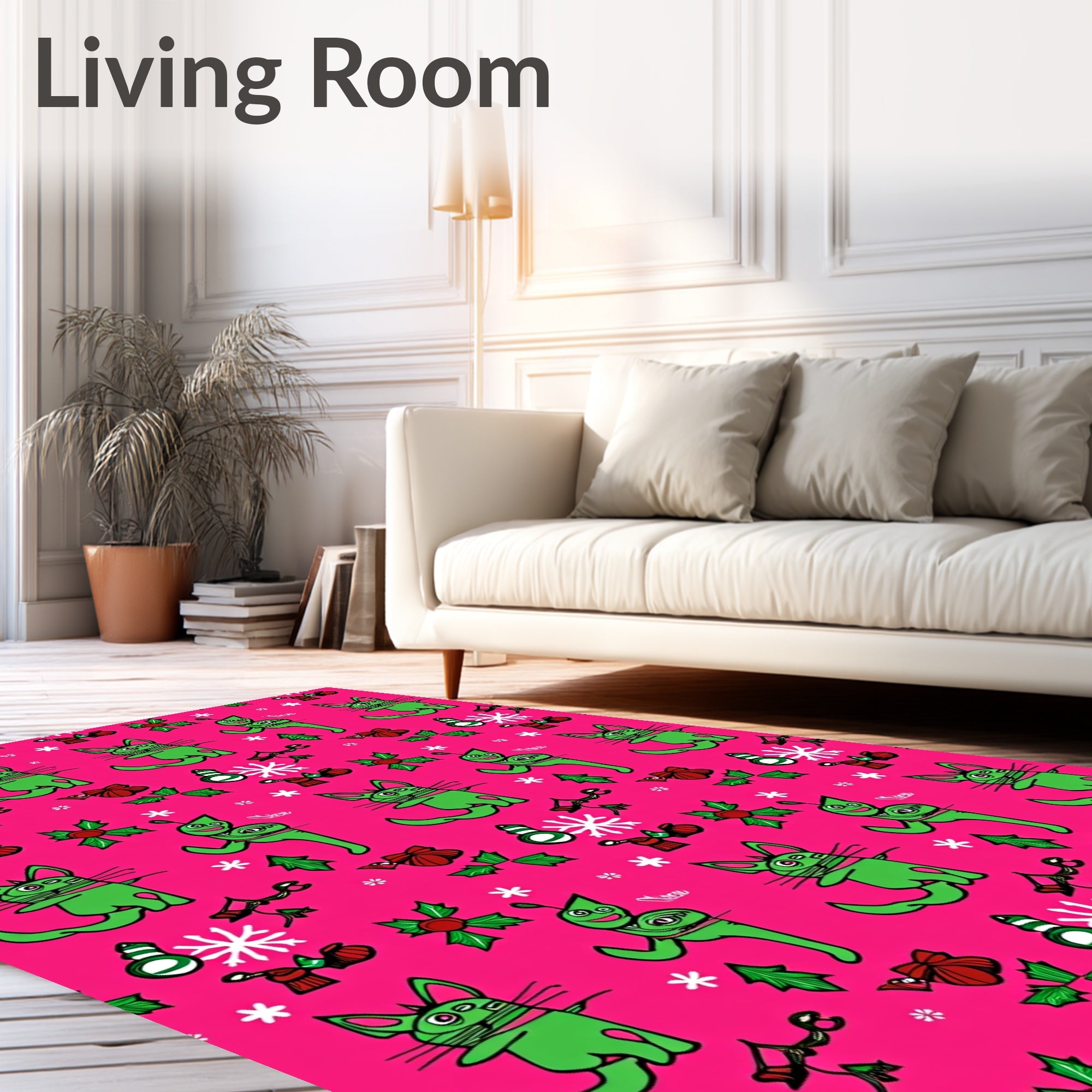 Pink Whimsical Green Cat Christmas Mittens Rug