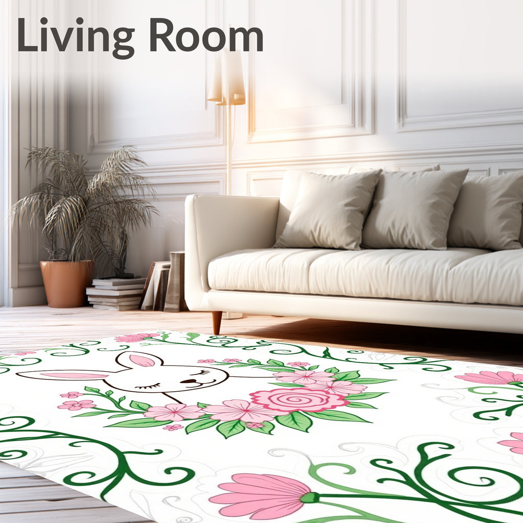 Whimsical Bunny Pink Floral Border Rug