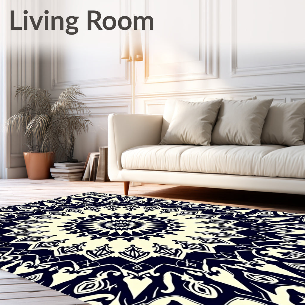 Ivory Navy Mandala Flower medallion Rug