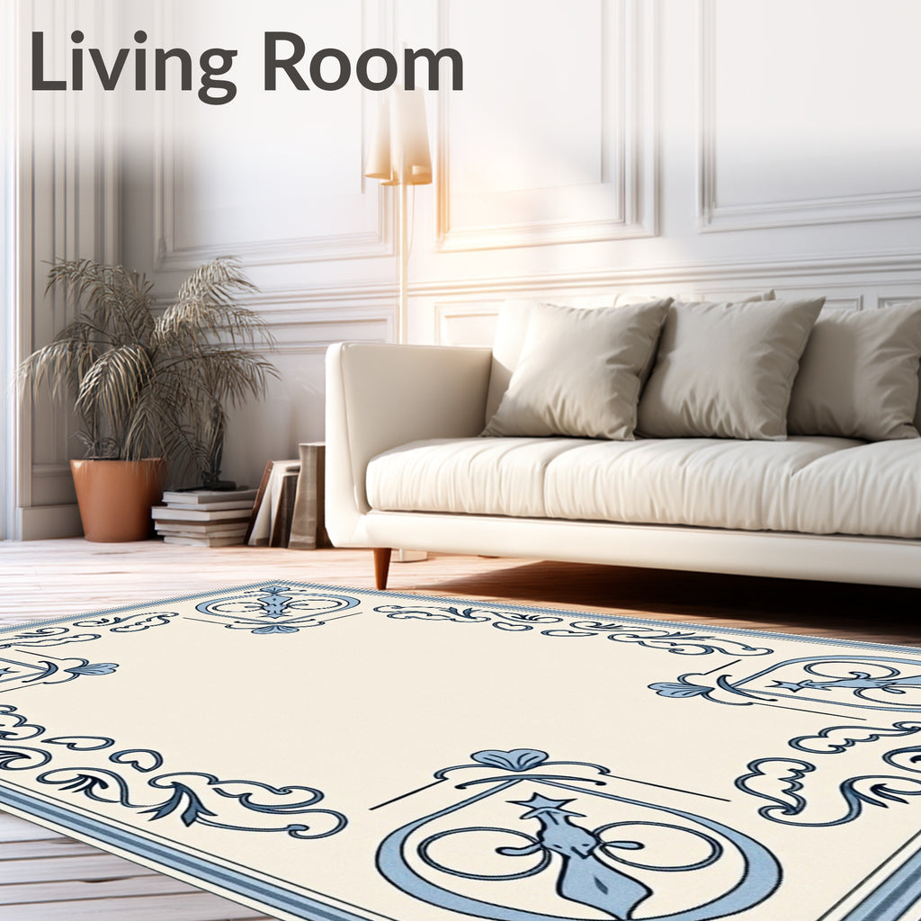 Light Blue Traditional Corner Scroll Rug