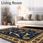 Deep Blue Golden Seagulls Nautical Border Rug
