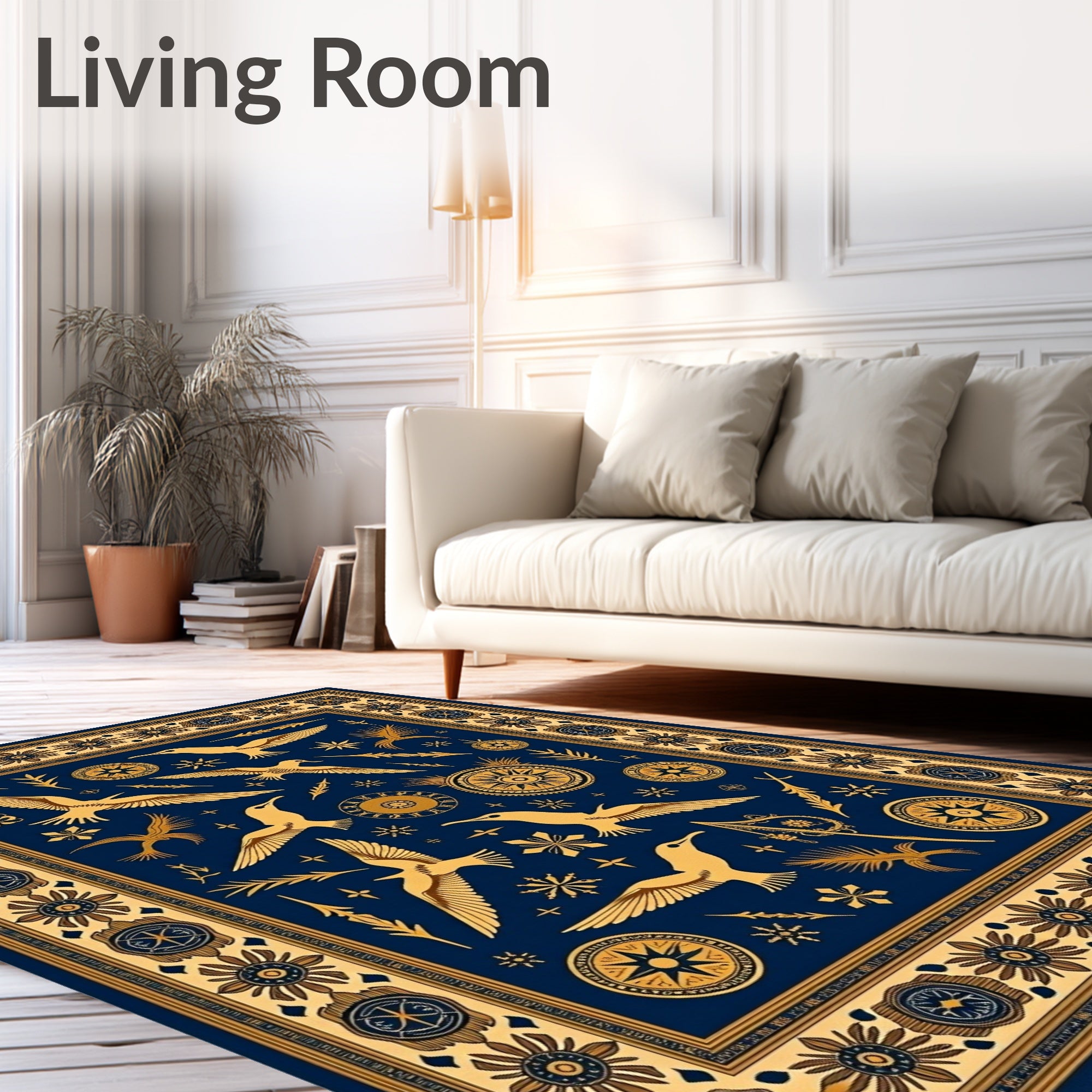 Deep Blue Golden Seagulls Nautical Border Rug