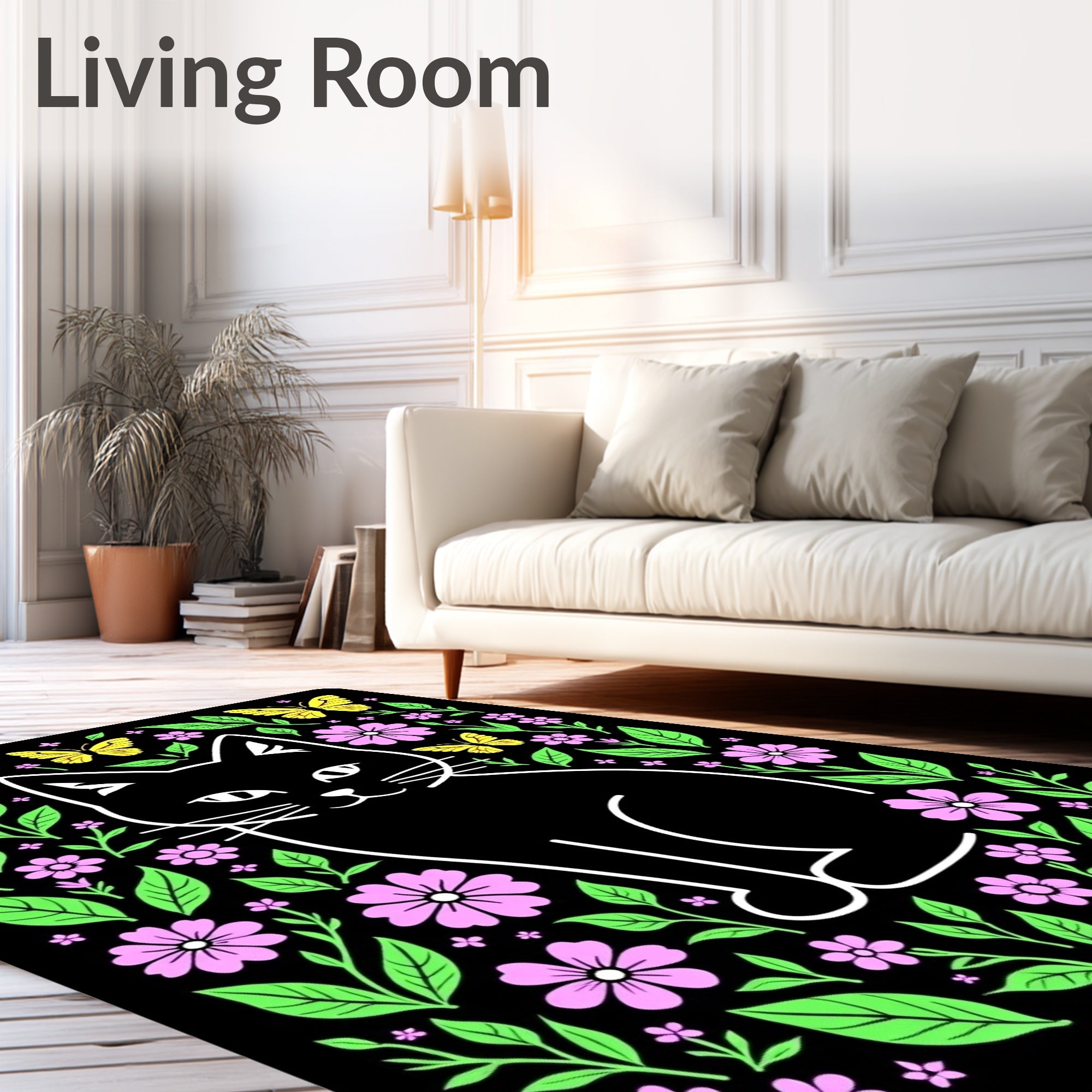 Whimsical Black Cat Floral Garden Rug