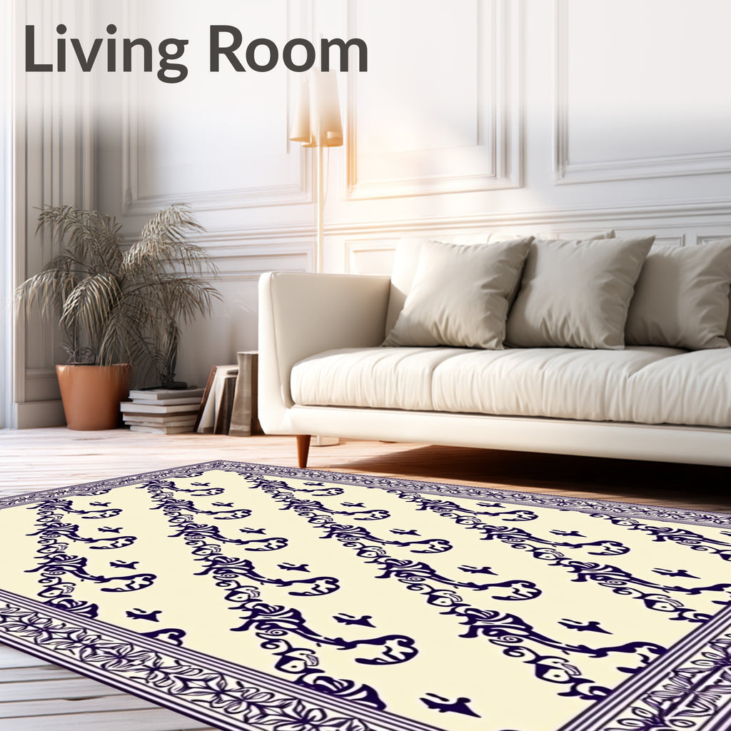 Cream Bordered Navy Swirls Rug