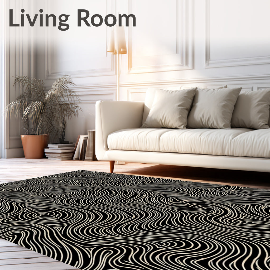 Cream Swirls Black Contemporary Abstract Rug