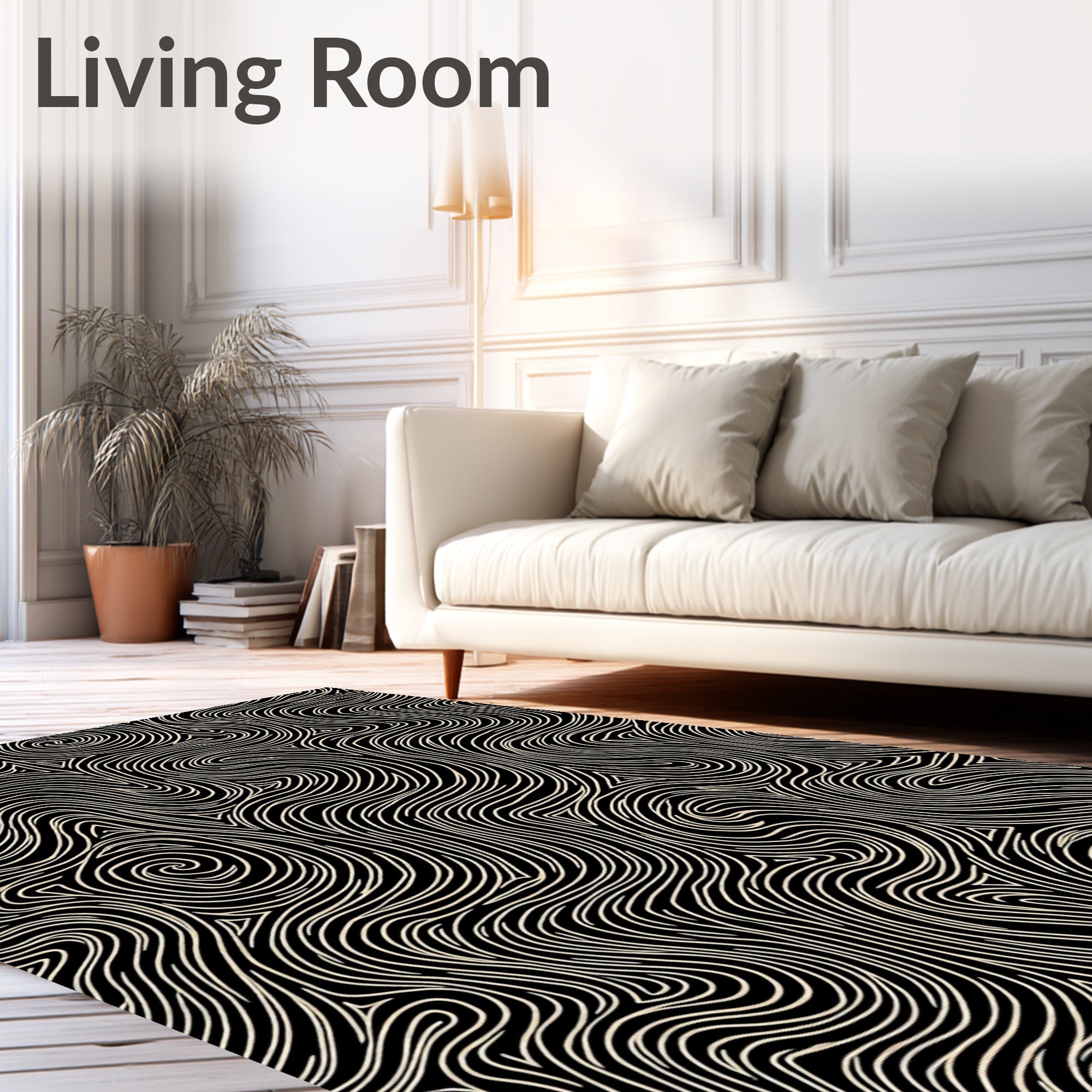 Cream Swirls Black Contemporary Abstract Rug