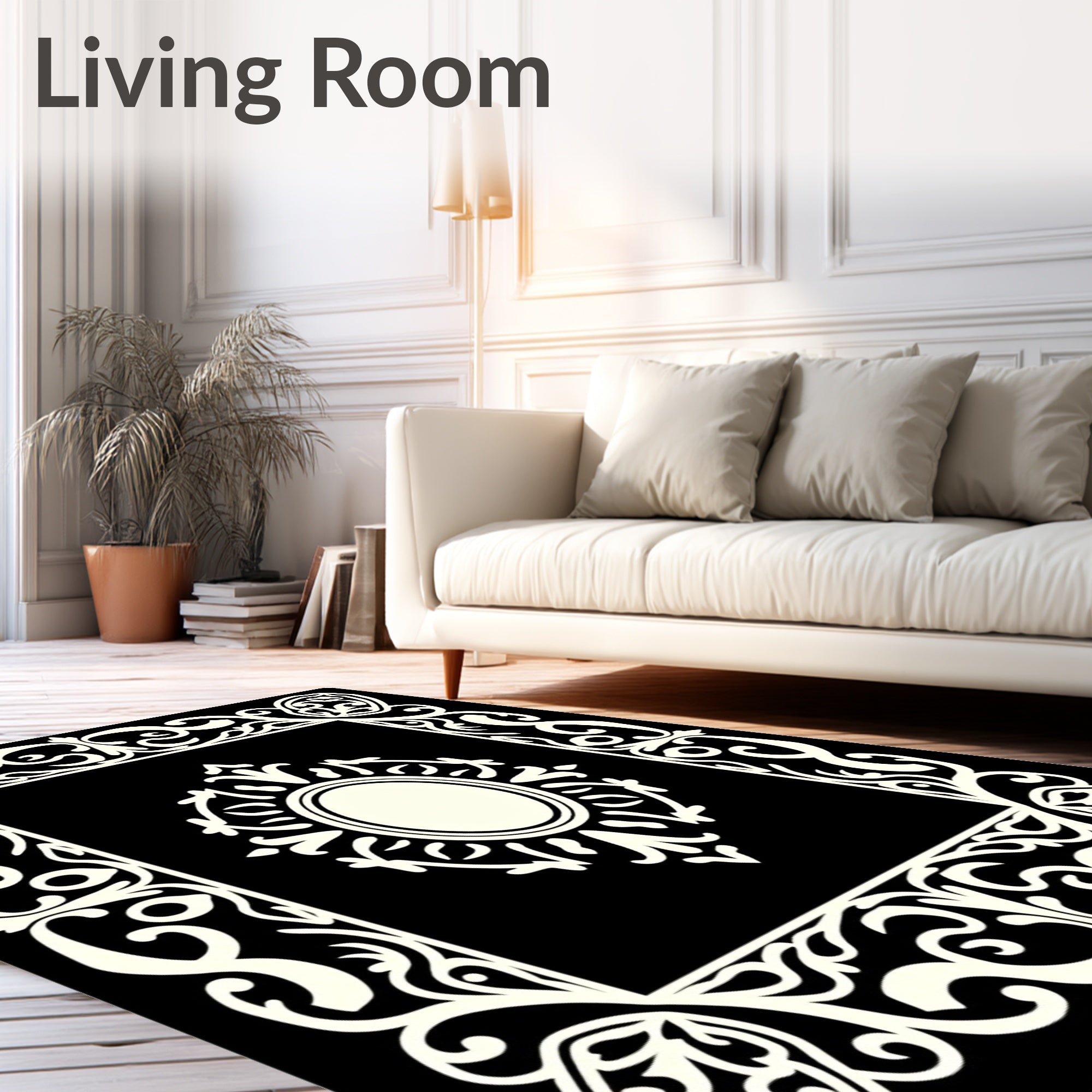 Vibrant Ivory Filigree Oval Frame Rug