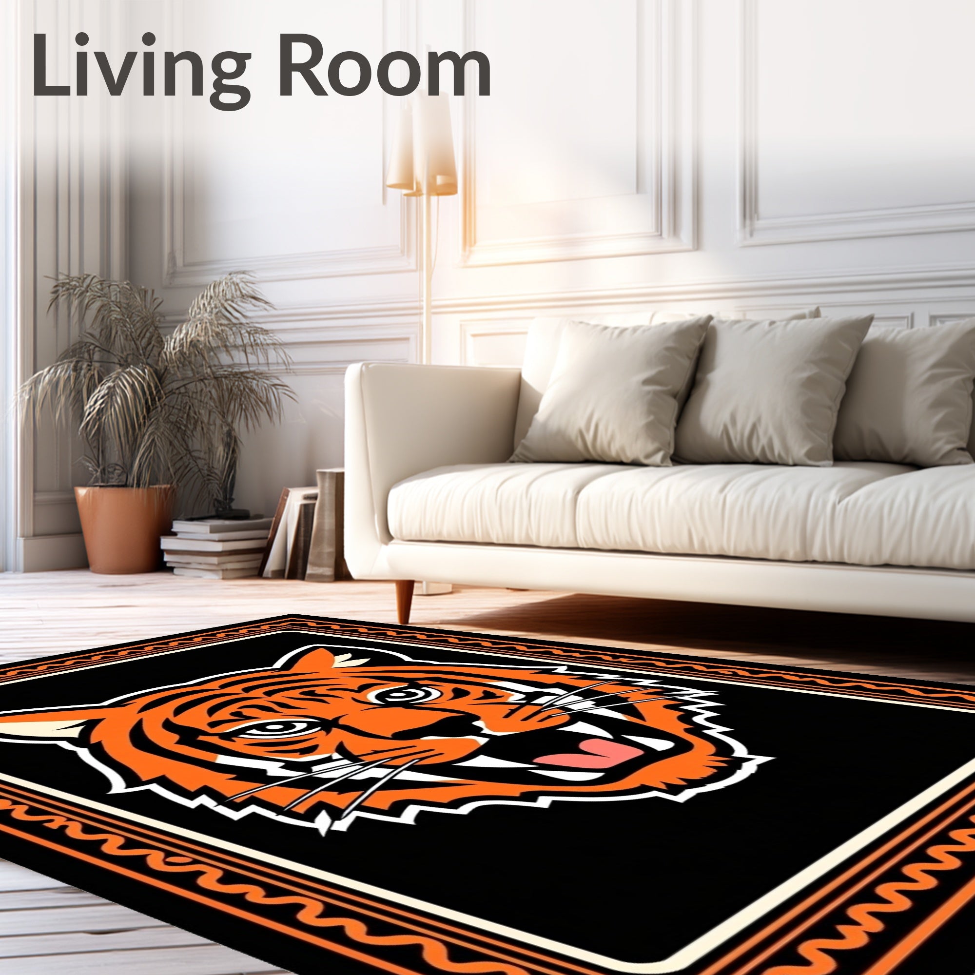 Powerful Orange Tiger Face Frame Rug