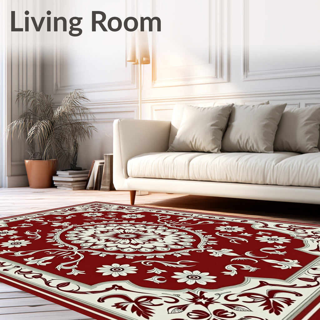 Deep Red Floral Frame Rug
