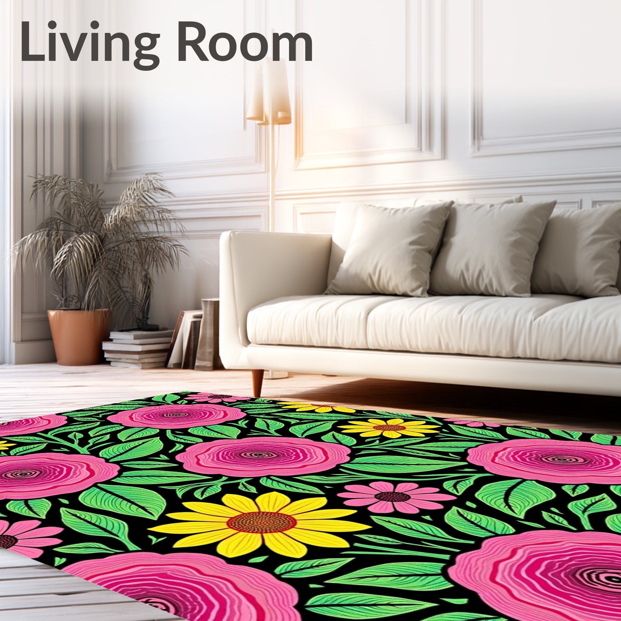 Vibrant Pink Yellow Floral Foliage Rug