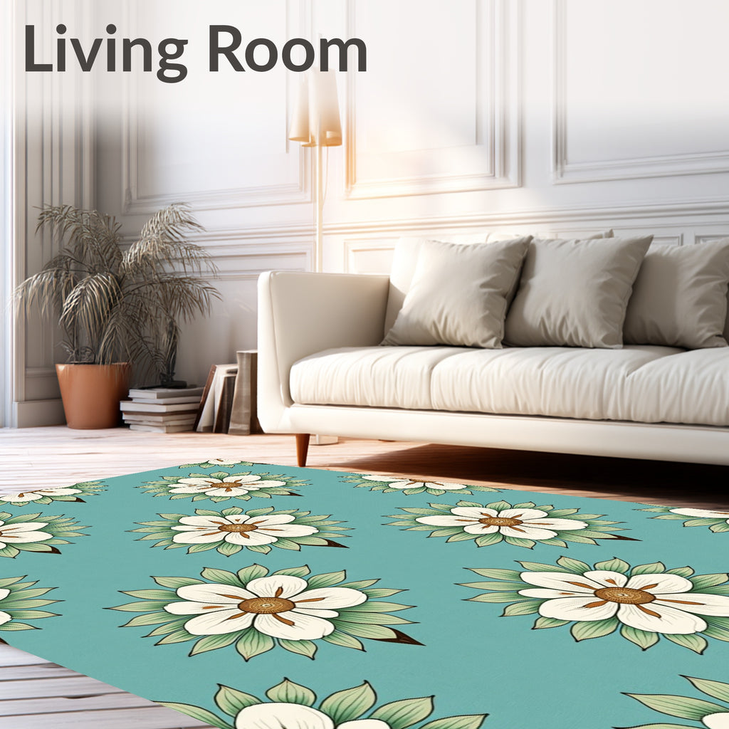 Aqua White Flower Leaf Medallion Rug
