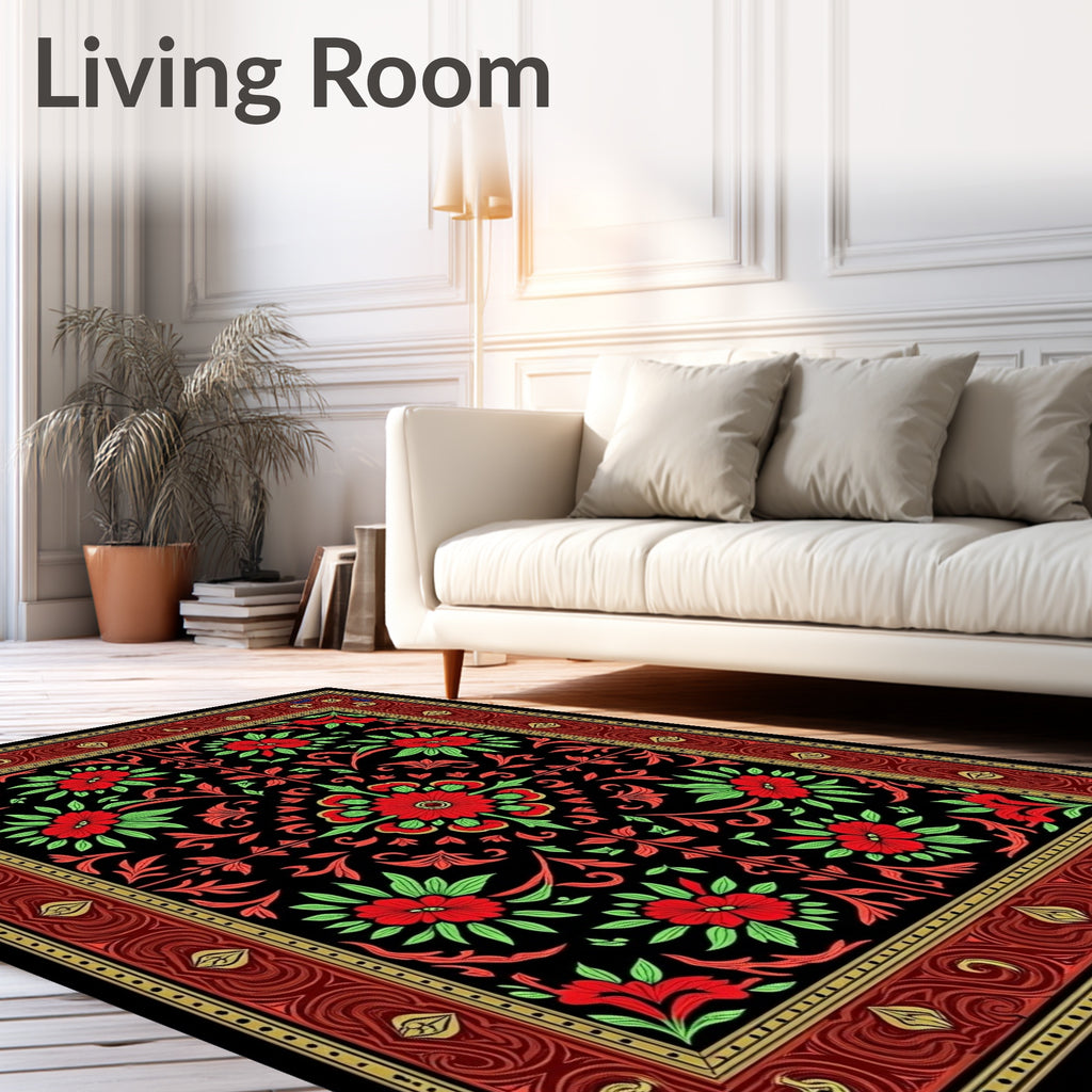 Crimson Floral Scrolls Black Border Rug