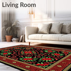 Crimson Floral Scrolls Black Border Rug