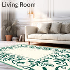 Cream Emerald Scrollwork Floral Border Rug