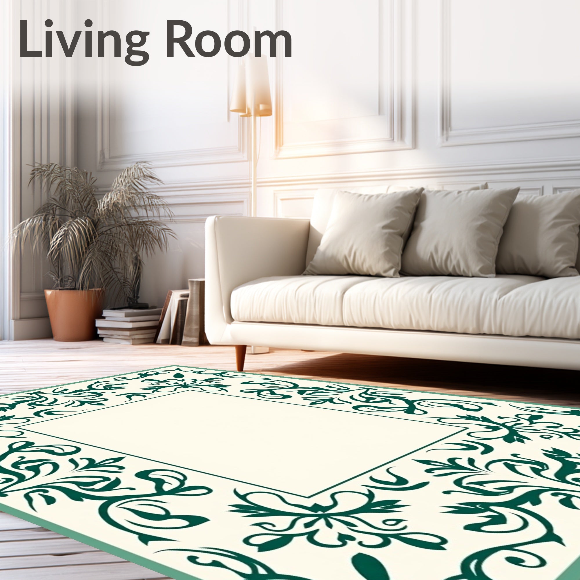 Cream Emerald Scrollwork Floral Border Rug