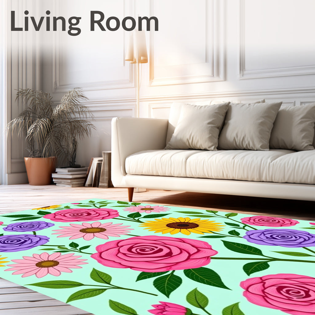 Bright Pink Roses Purple Floral Meadow Rug