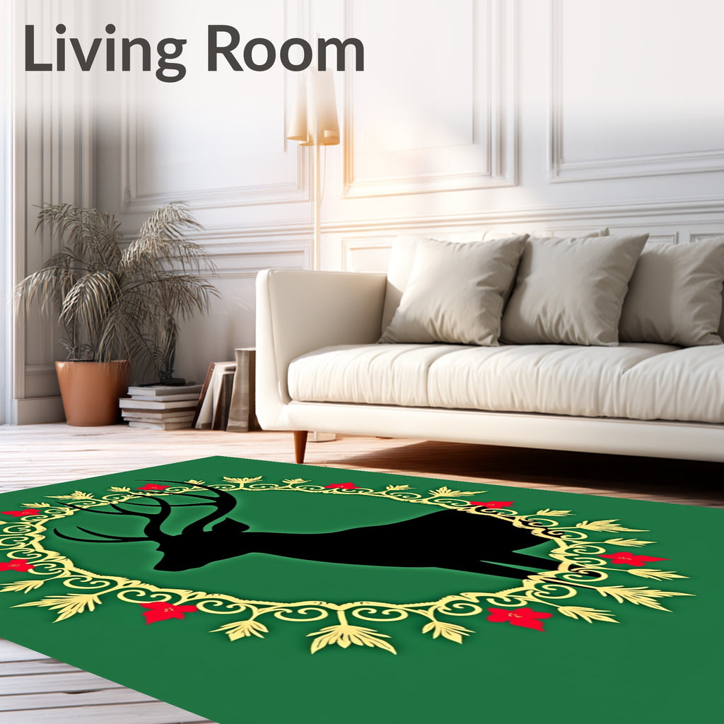 Black Stag Red Flower Golden Wreath Rug