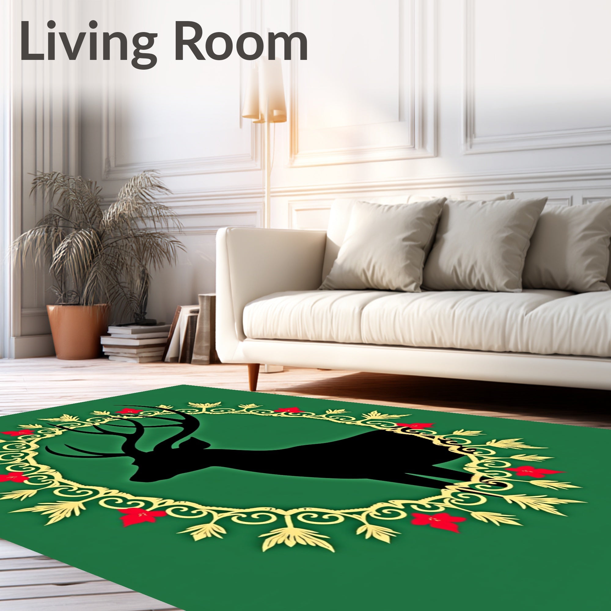 Black Stag Red Flower Golden Wreath Rug