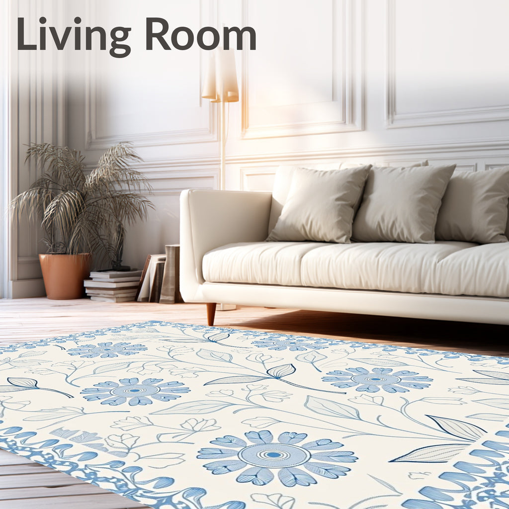 Classic Blue Floral Garden Motif Rug