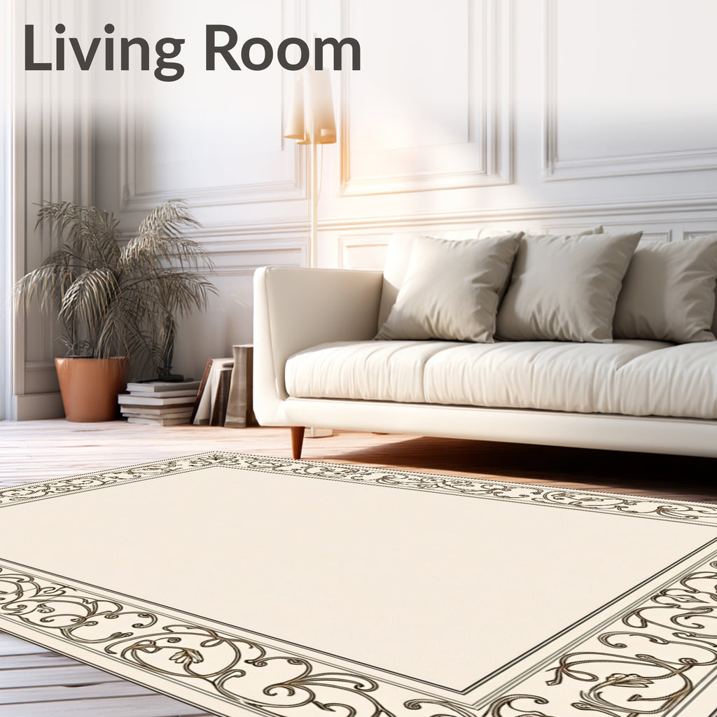 Ornate Cream and Brown Scroll Border Rug