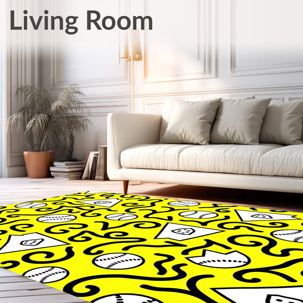 Bright Yellow Baseball Swirls Rug