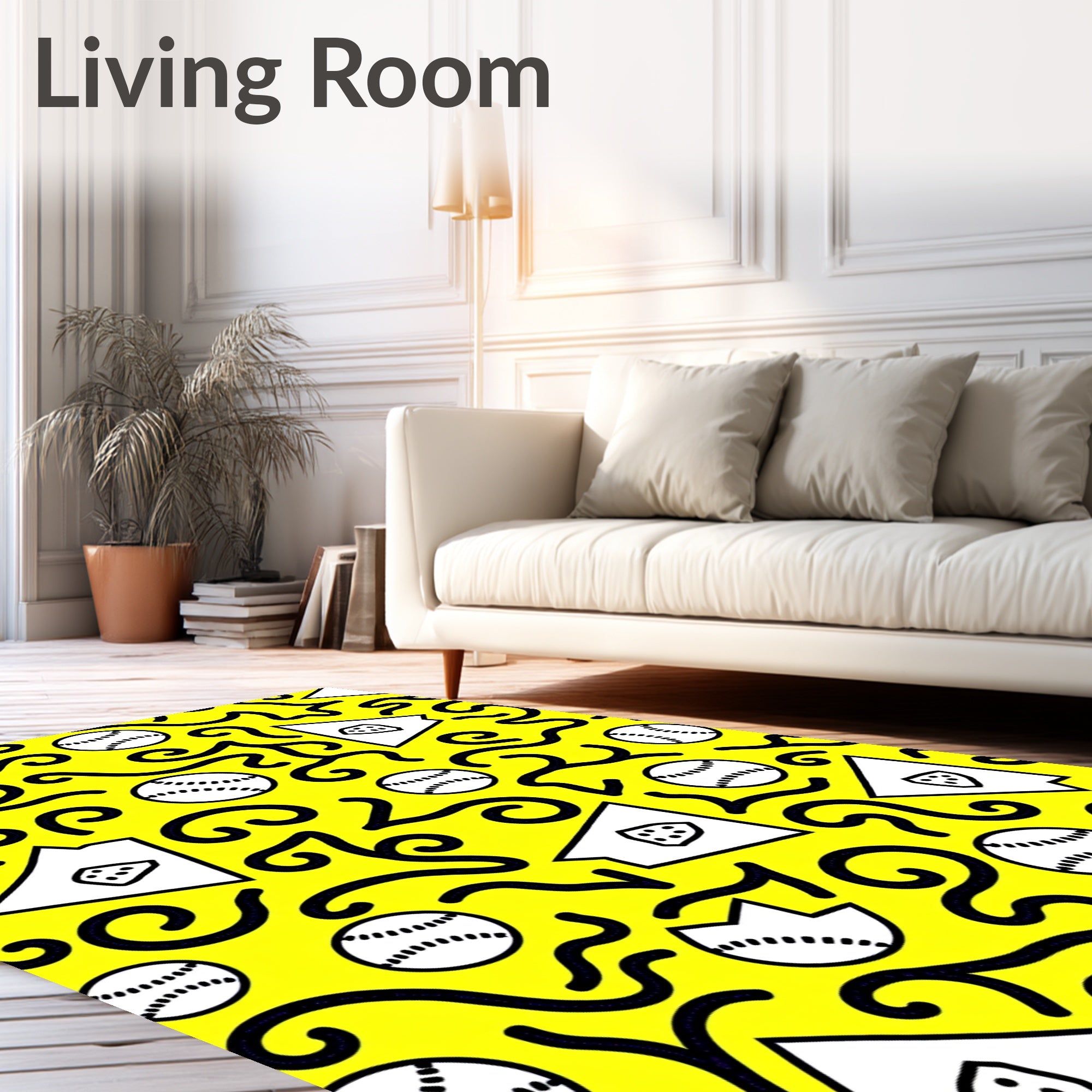 Bright Yellow Baseball Swirls Rug