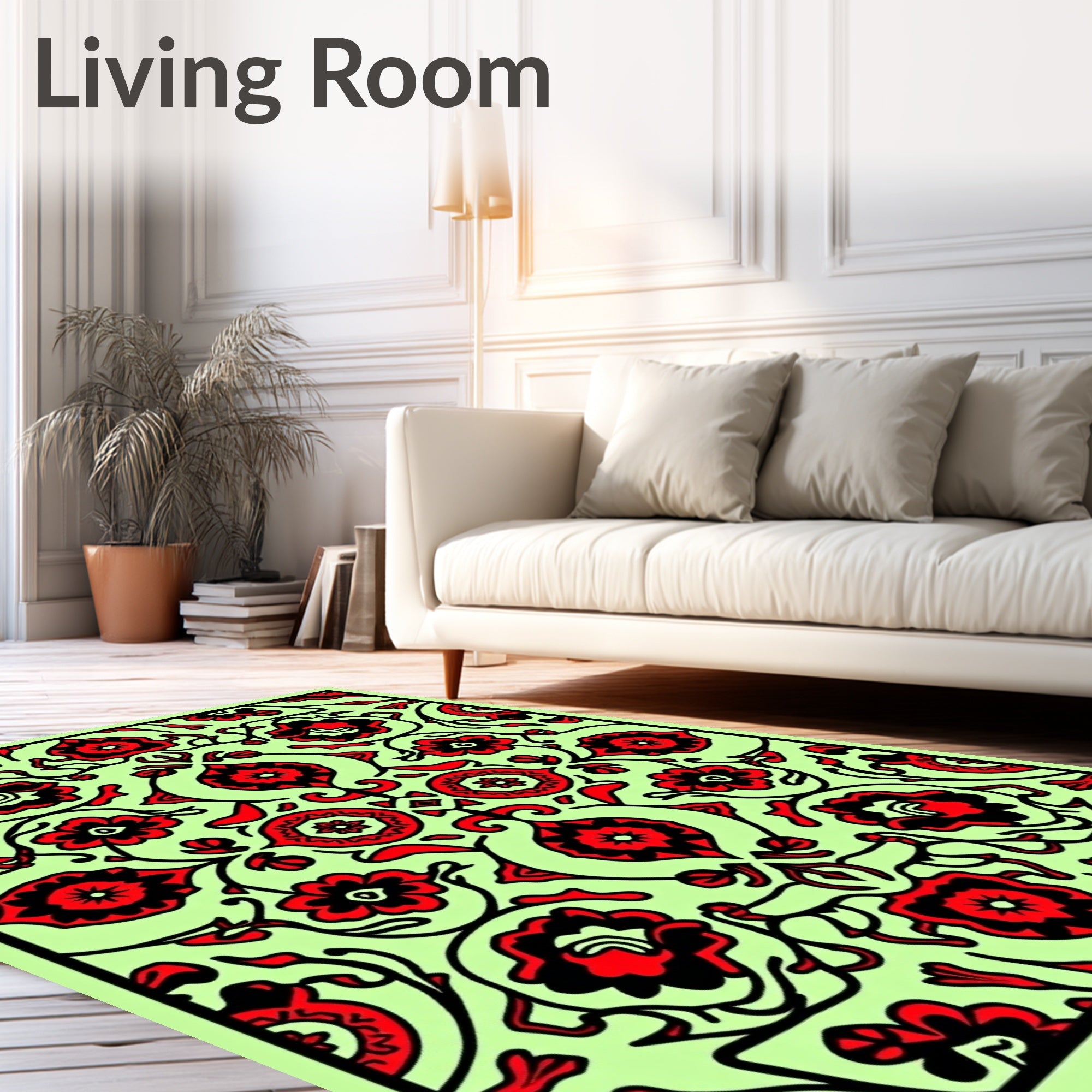 Red Floral Medallion Light Green Background Rug
