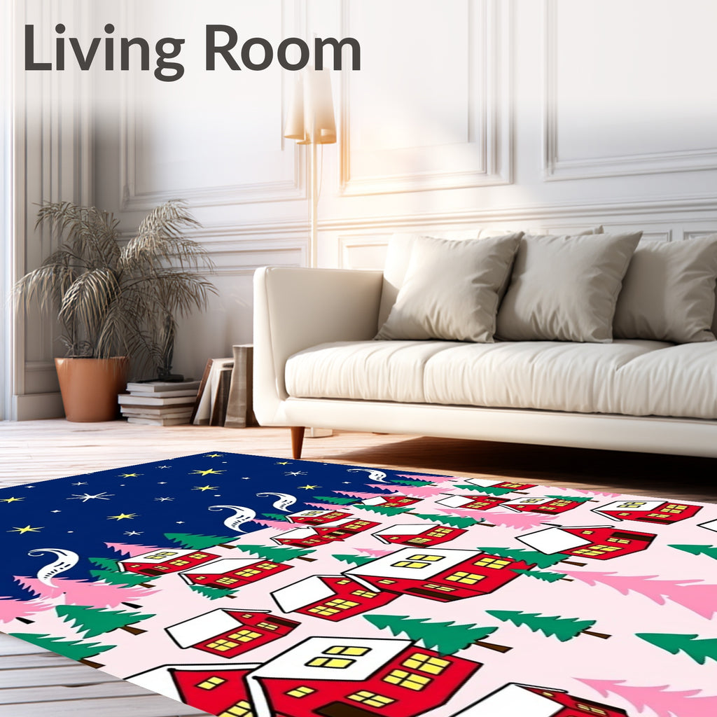Whimsical Red Homes Starry Night Rug