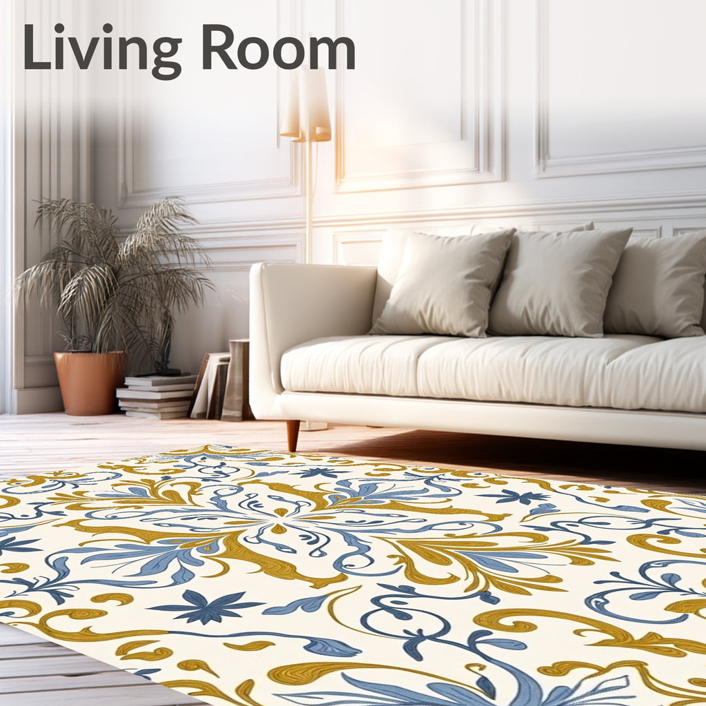 Ornate Blue Golden Floral Scroll Rug