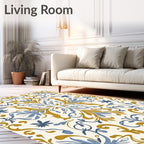 Ornate Blue Golden Floral Scroll Rug