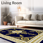 Navy Gold Floral Medallion Frame Rug