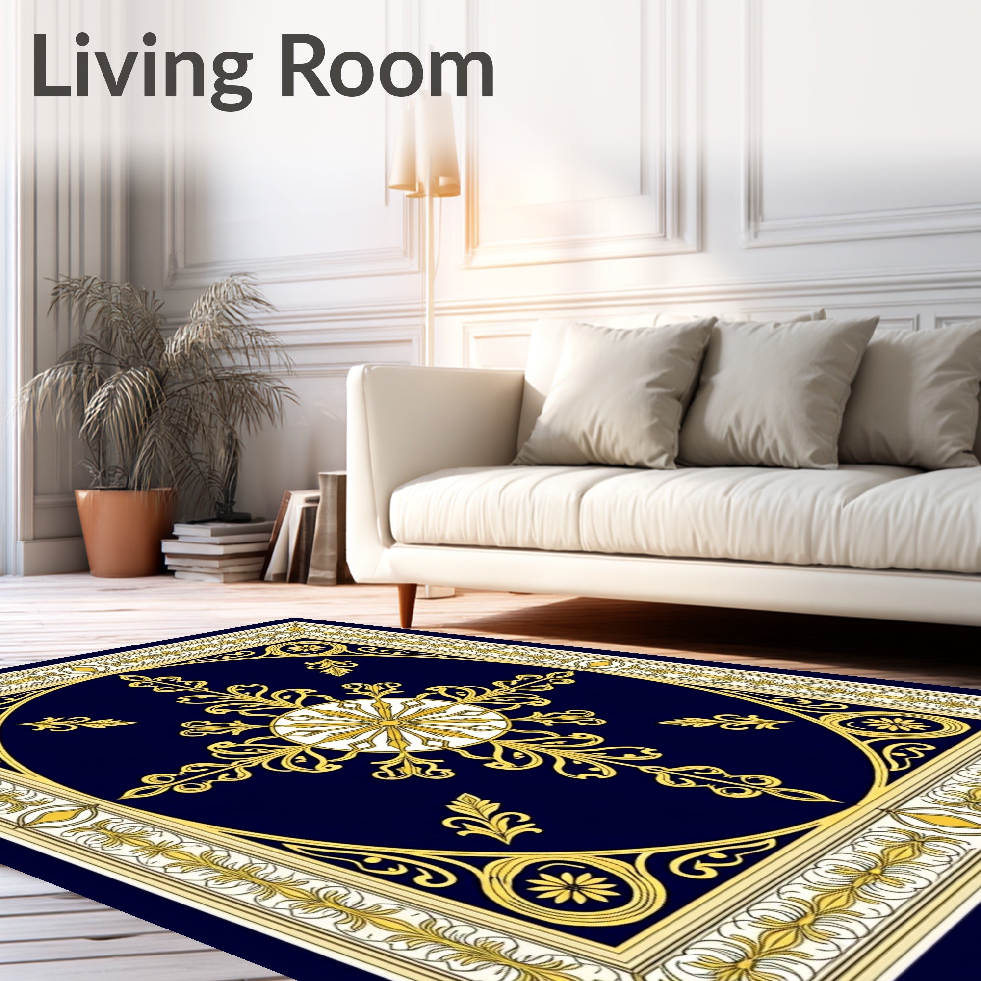 Navy Gold Floral Medallion Frame Rug