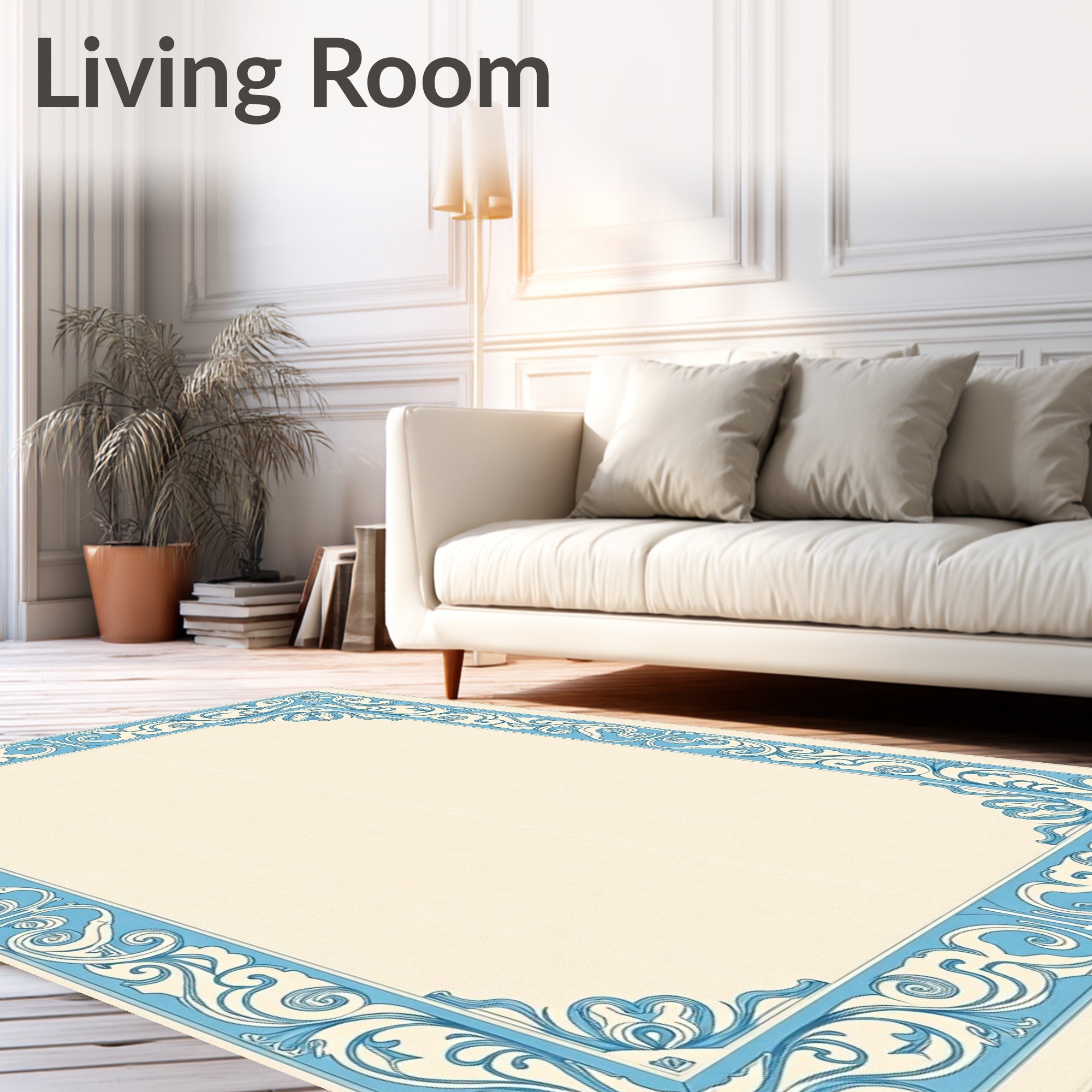 Light Blue Cream Scrollwork Border Rug