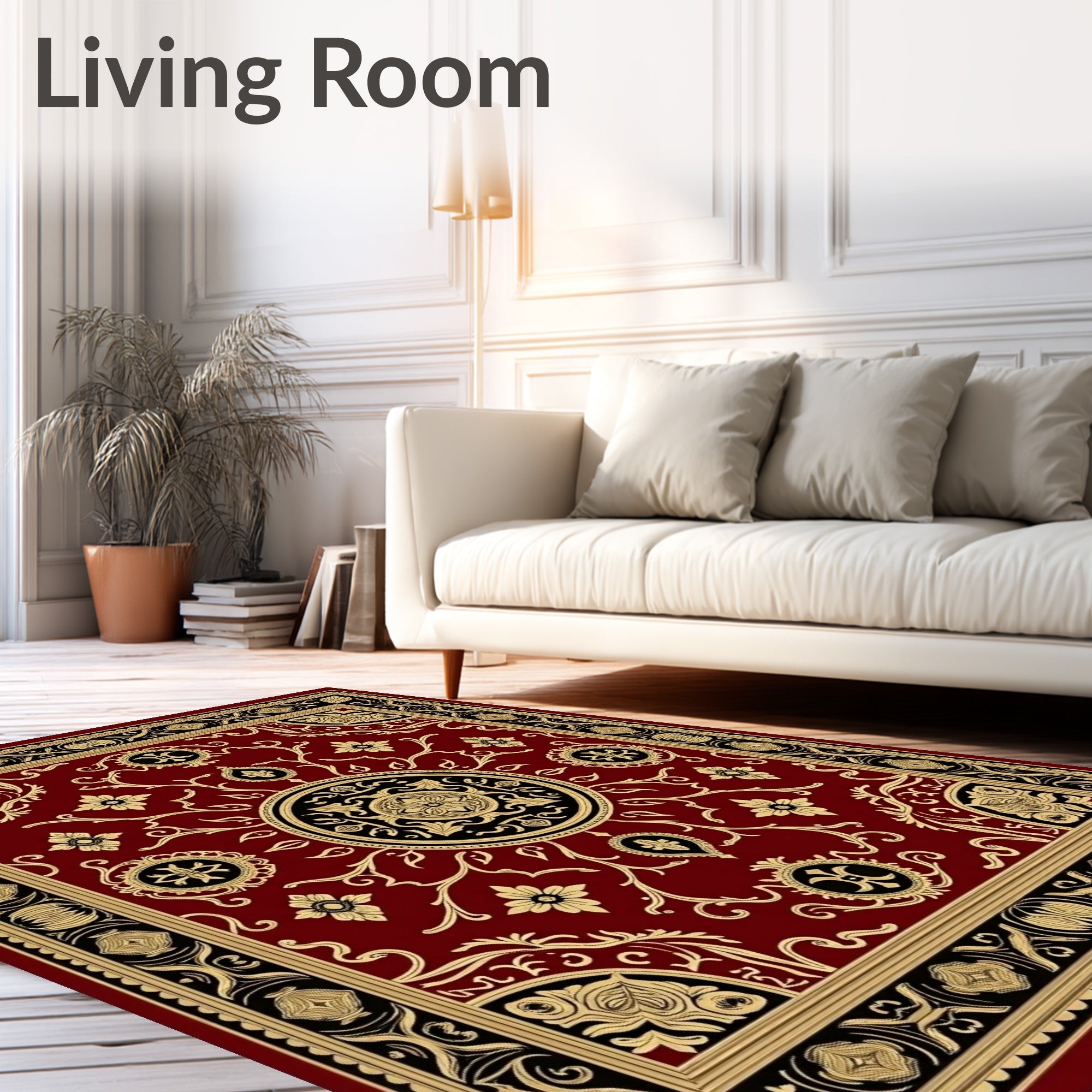 Ornate Crimson Gold Medallion Border Rug