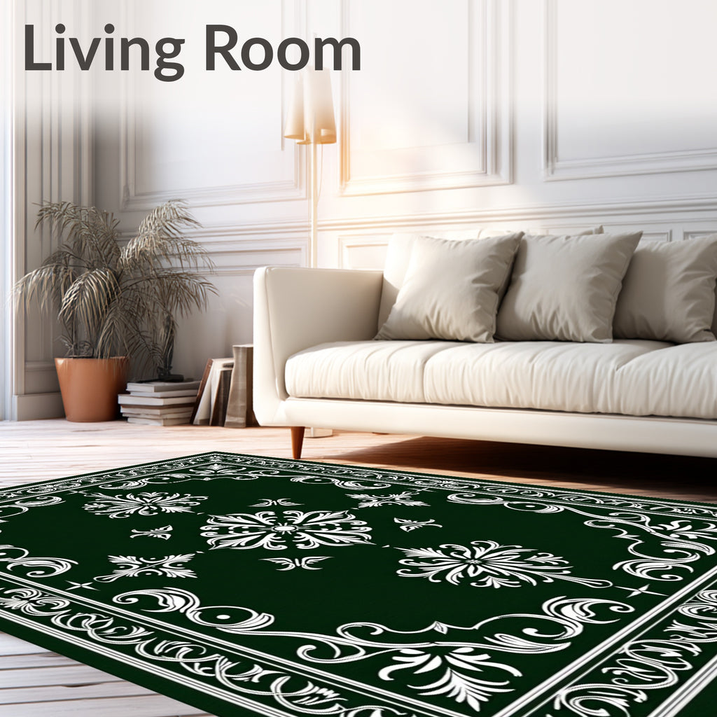 Victorian Green White Floral Medallion Rug