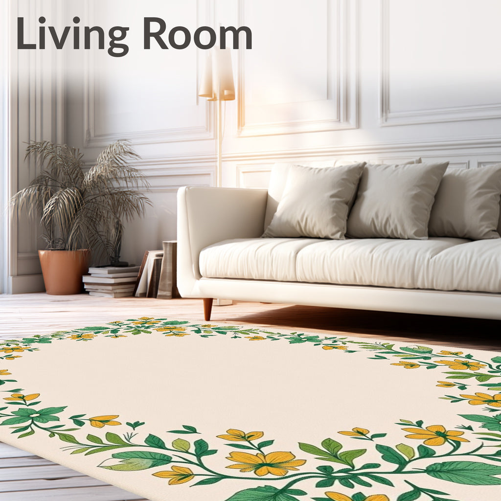 Yellow Floral Garden Vine Border Cream Rug