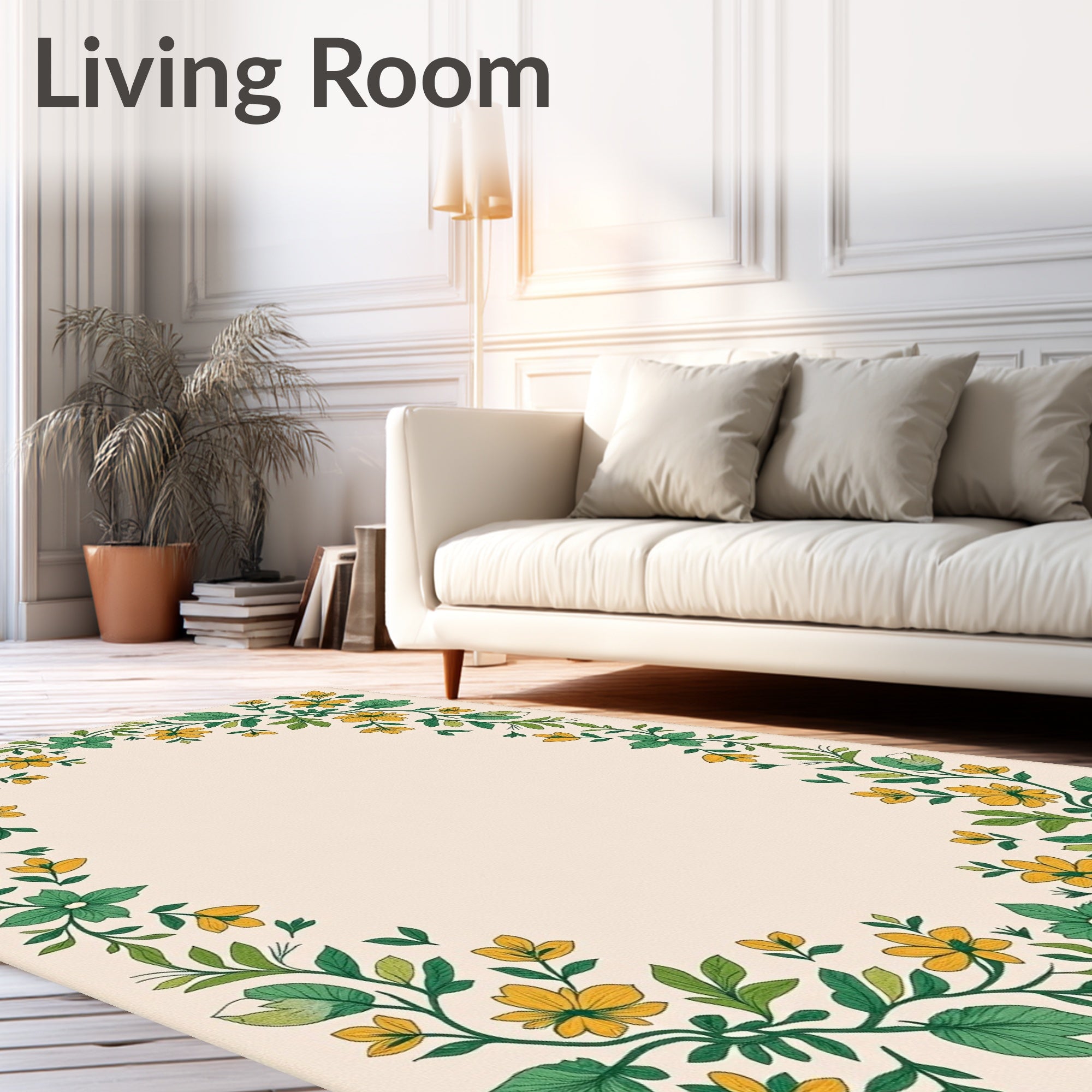Yellow Floral Garden Vine Border Cream Rug