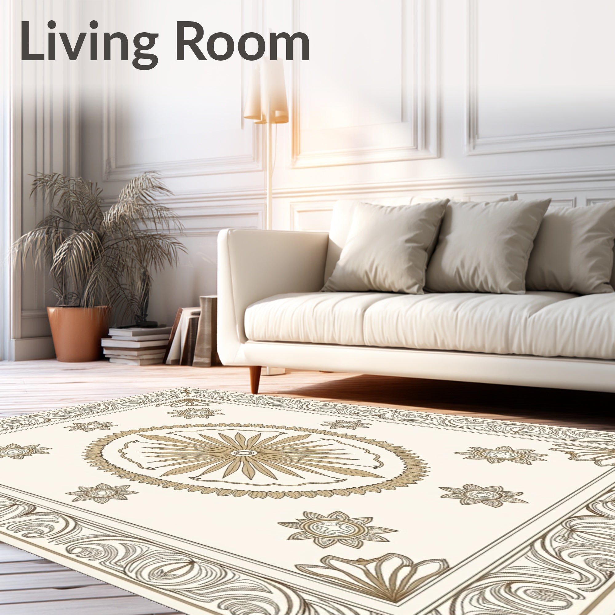 Gold and Cream Floral Medallion Border Rug