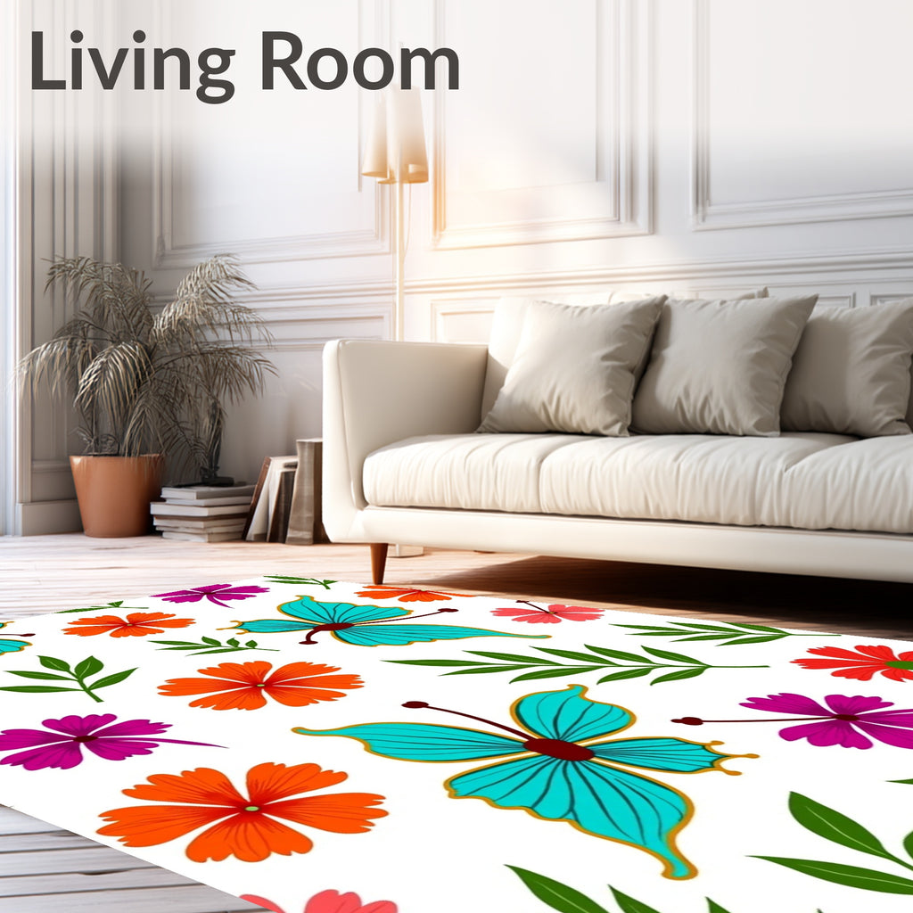 Bright Turquoise Butterfly Floral Scatter Rug