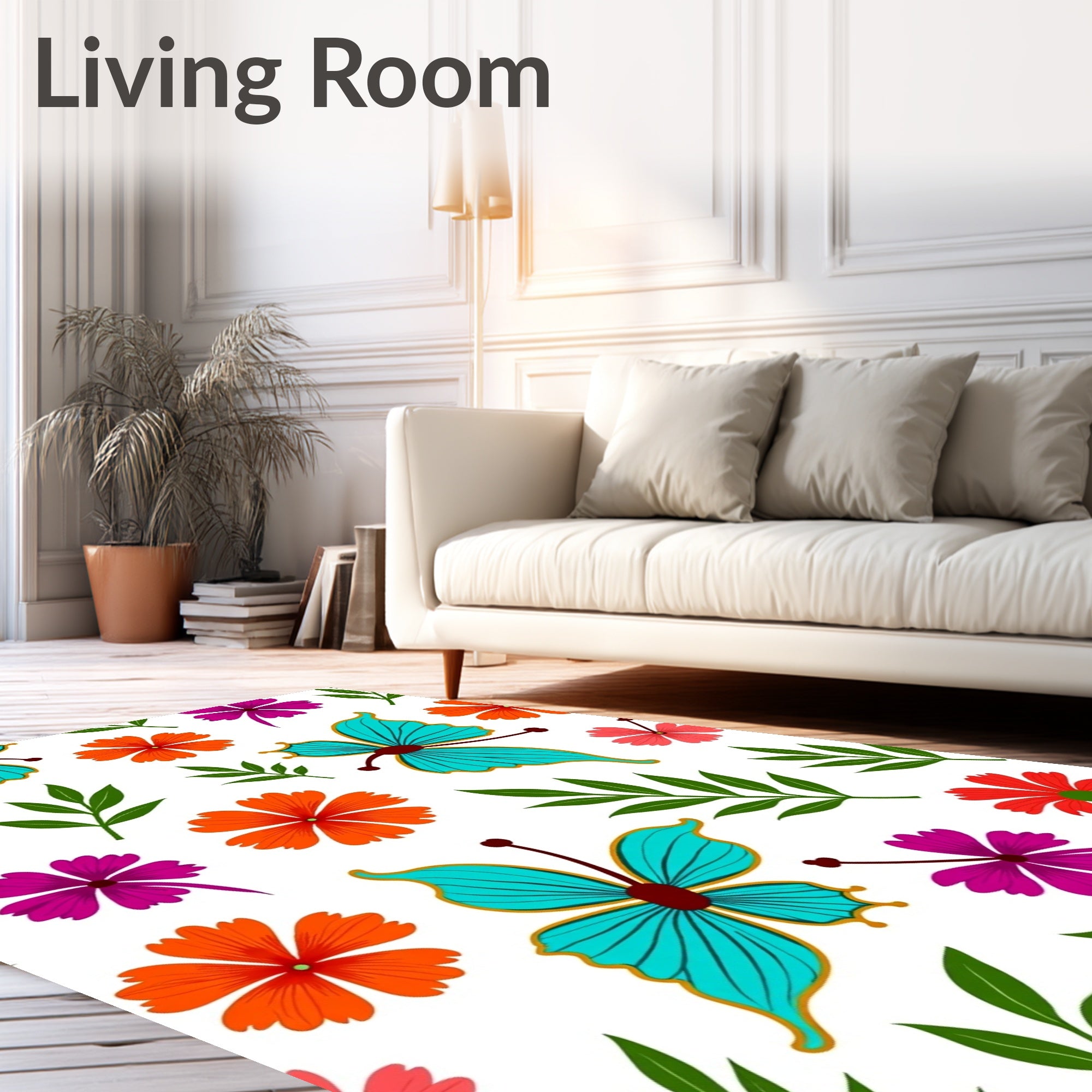 Bright Turquoise Butterfly Floral Scatter Rug