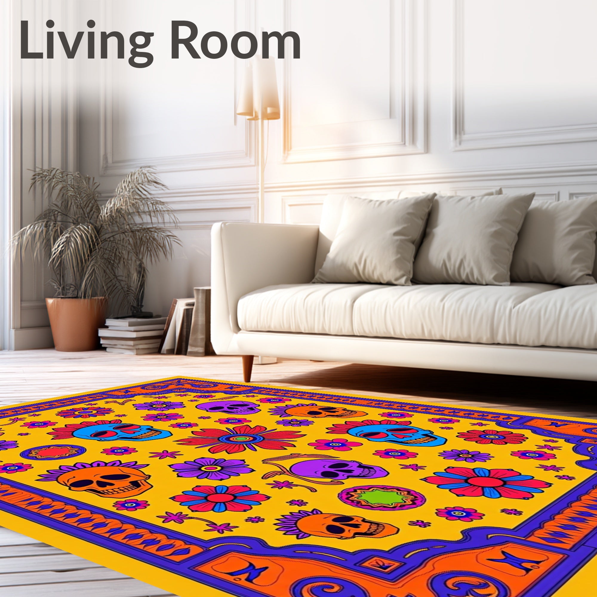 Vibrant Skulls Floral Border Art Rug