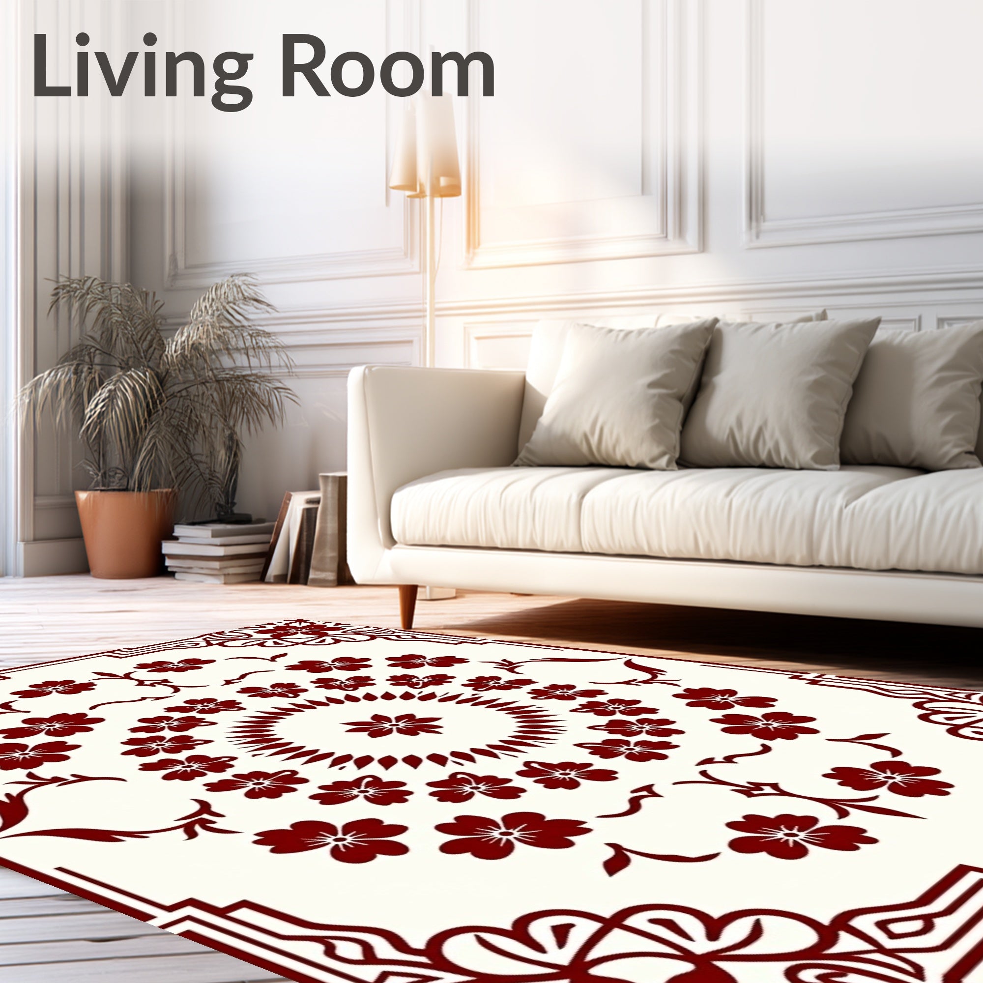 Deep Red Floral Medallion Frame Rug
