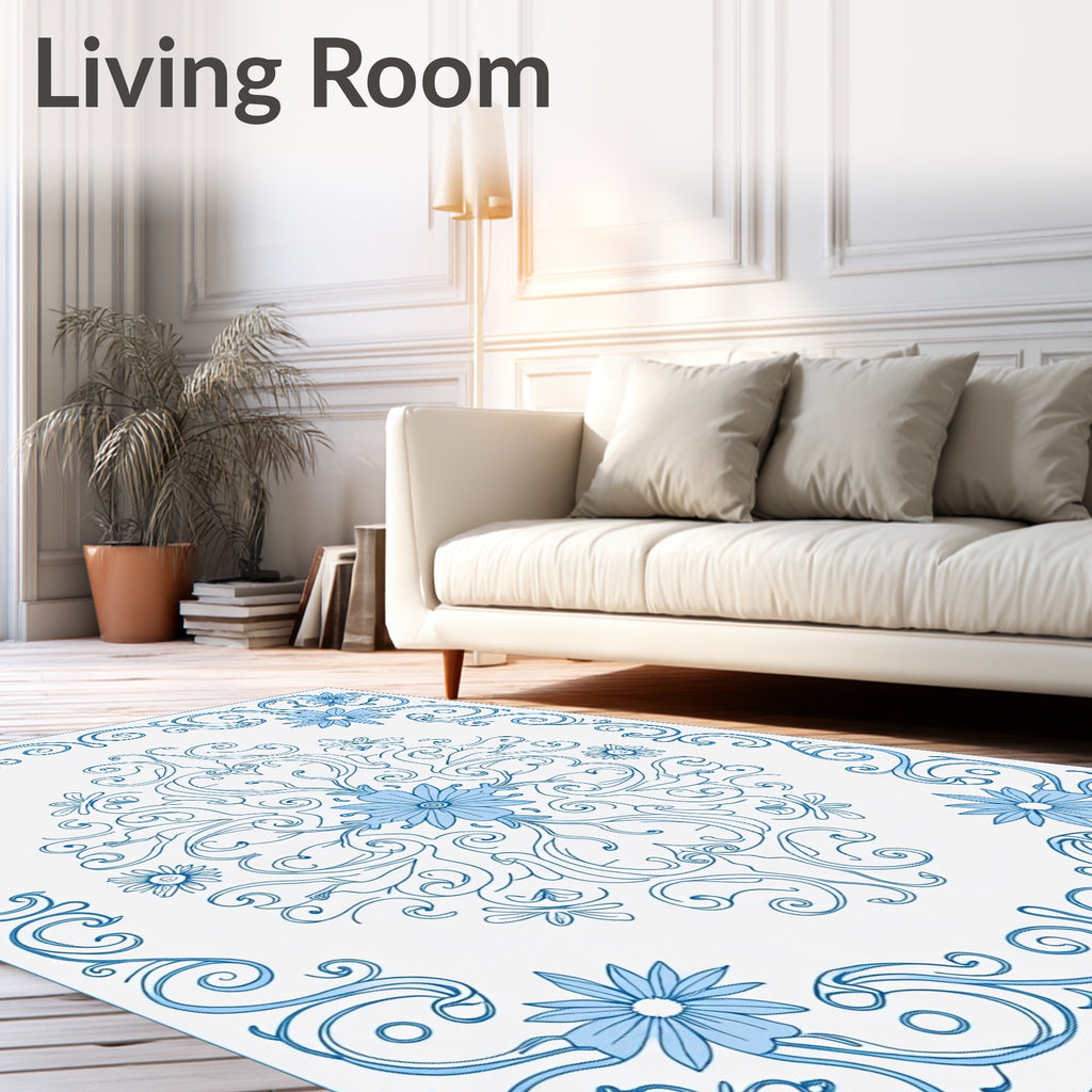 Blue Floral Swirl Medallion Rug