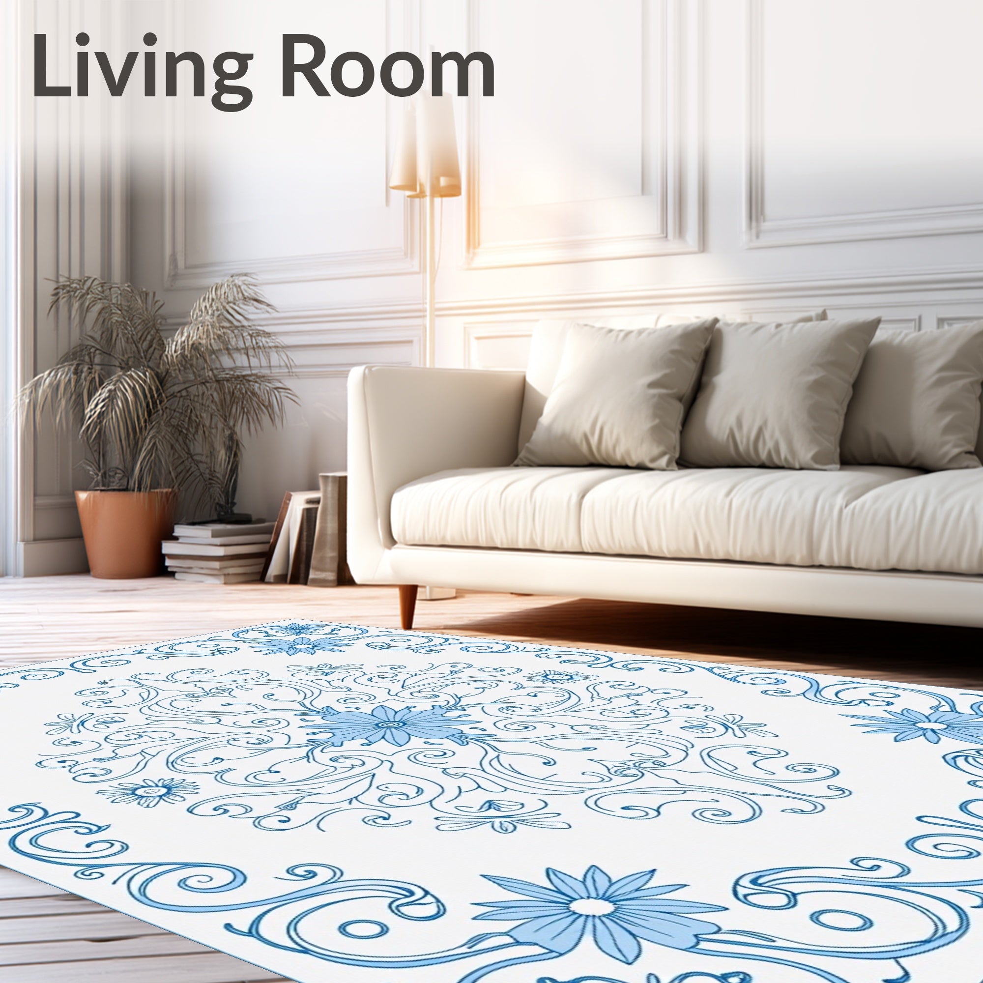 Blue Floral Swirl Medallion Rug