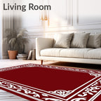 Deep Red Ornate Scrollwork Border Rug